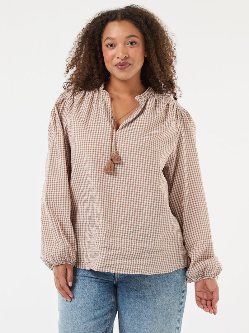 Blusa fluida cuadros vichy Beige - Kiabi