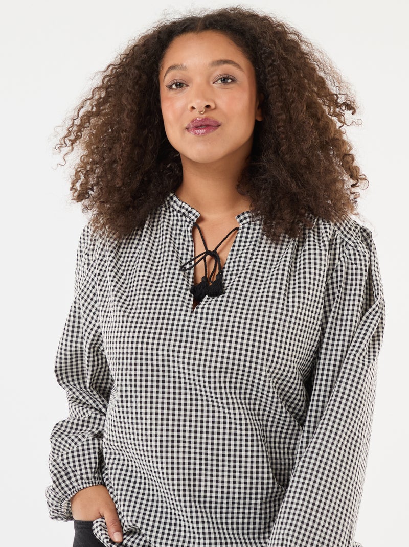 Blusa fluida cuadros vichy Negro - Kiabi