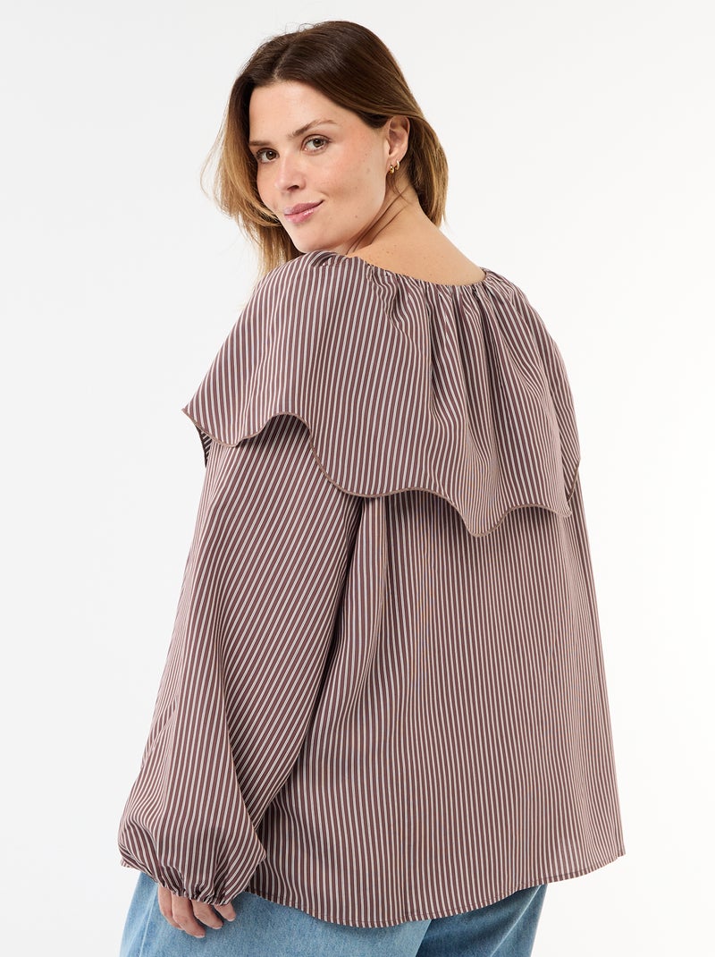 Blusa fluida de manga larga con volante grande en el cuello Marron - Kiabi