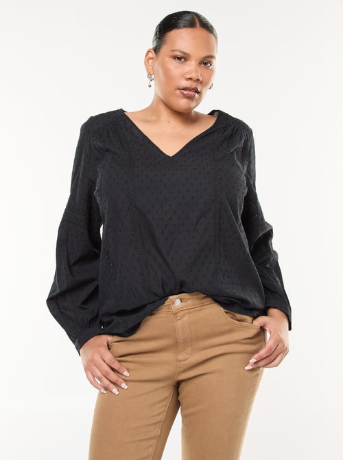 Blusa fluida lisa con plumetis y bordados calados - Kiabi