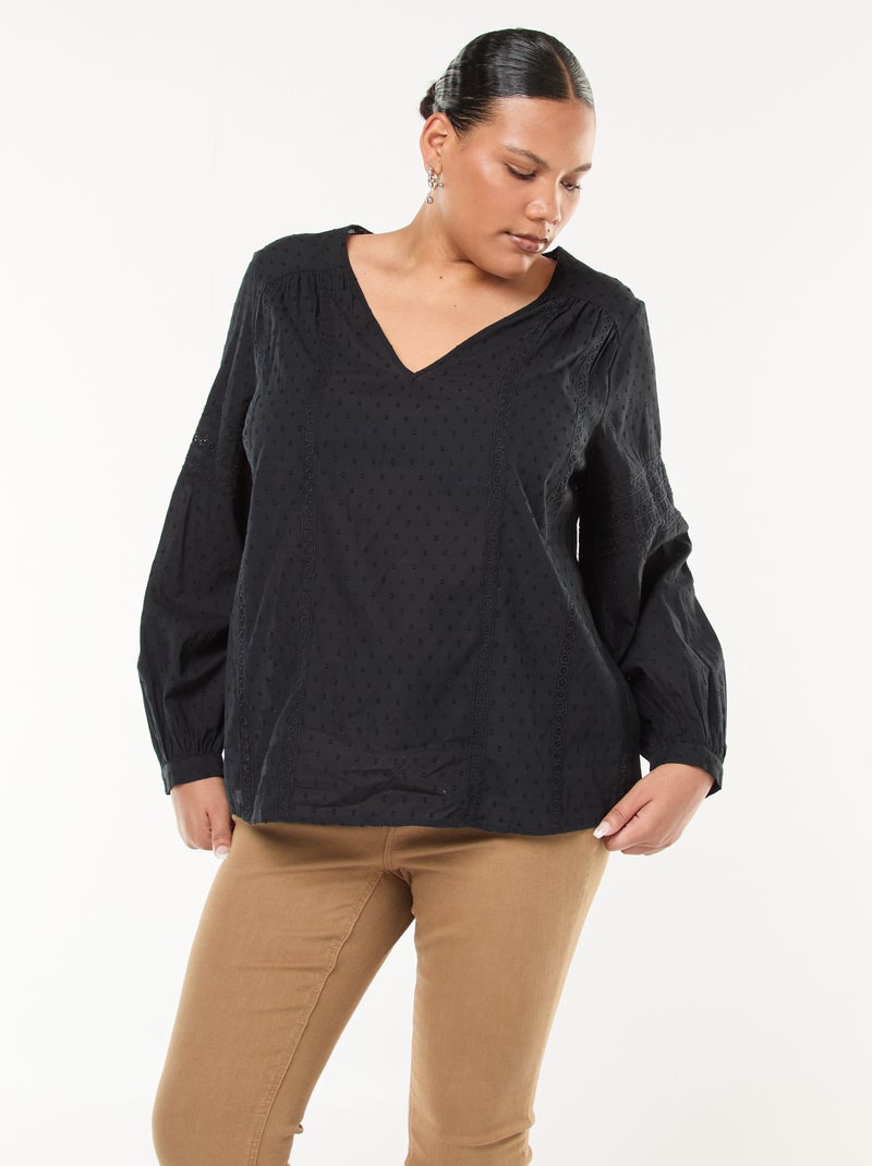 Blusa fluida lisa con plumetis y bordados calados Negro - Kiabi