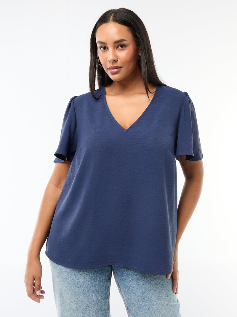Blusa fluida lisa de manga corta Azul oscuro - Kiabi