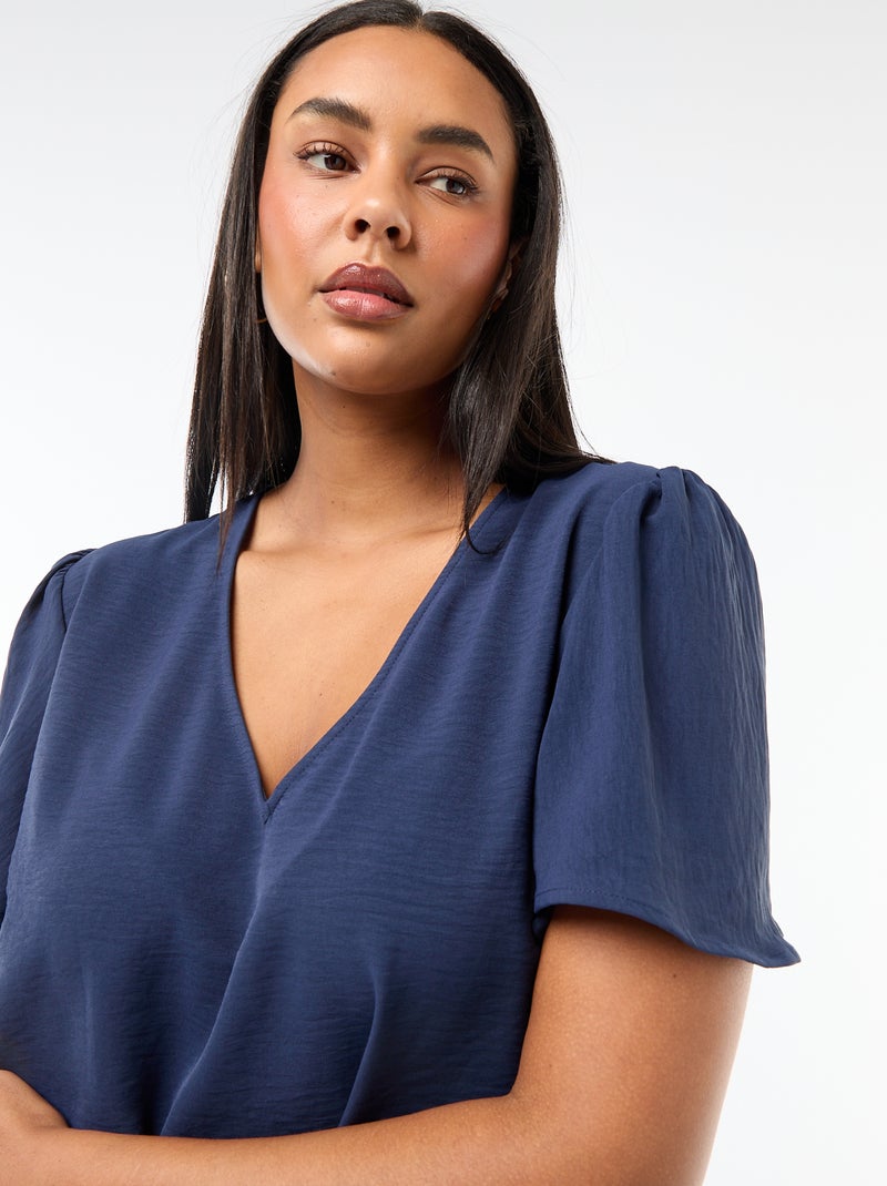 Blusa fluida lisa de manga corta Azul oscuro - Kiabi