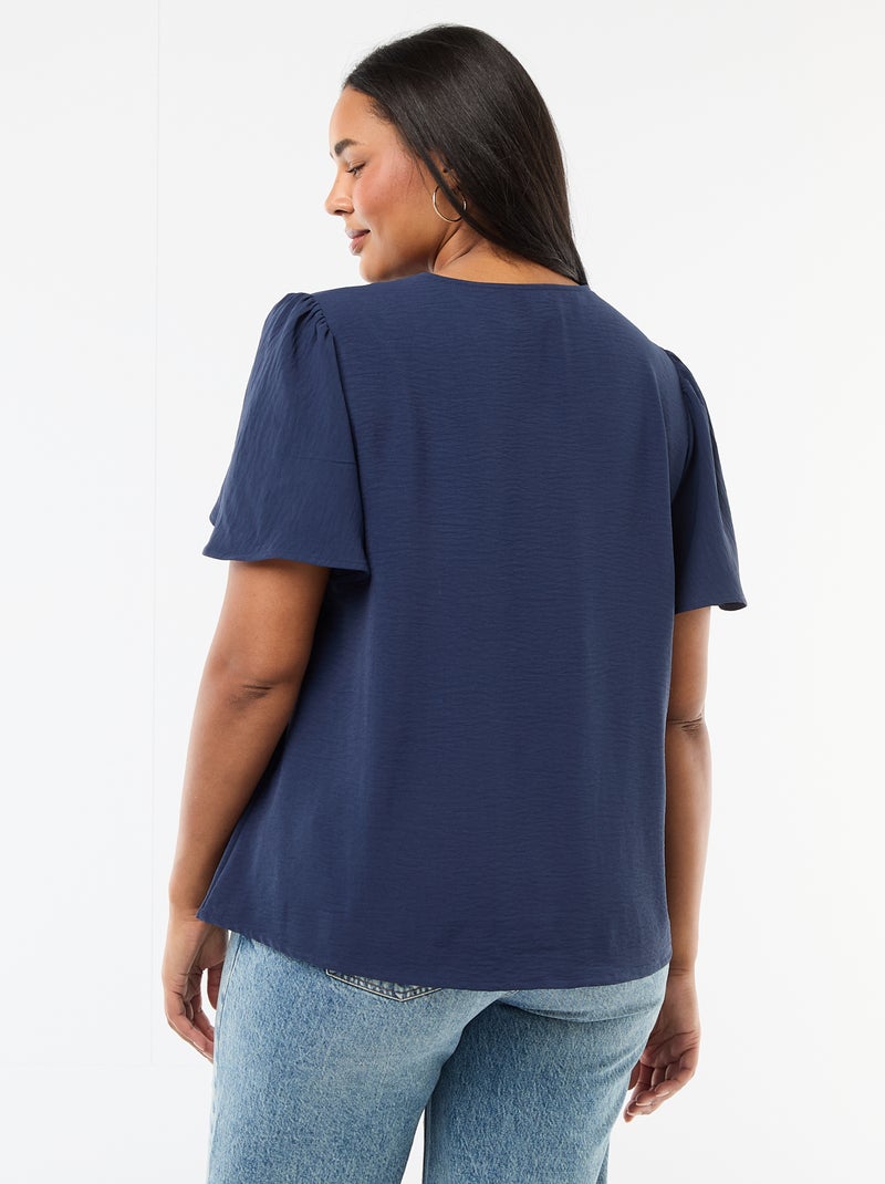 Blusa fluida lisa de manga corta Azul oscuro - Kiabi