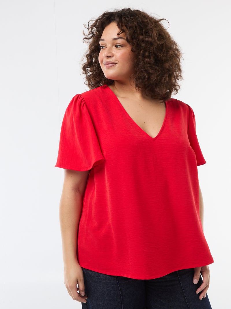 Blusa fluida lisa de manga corta Rojo - Kiabi