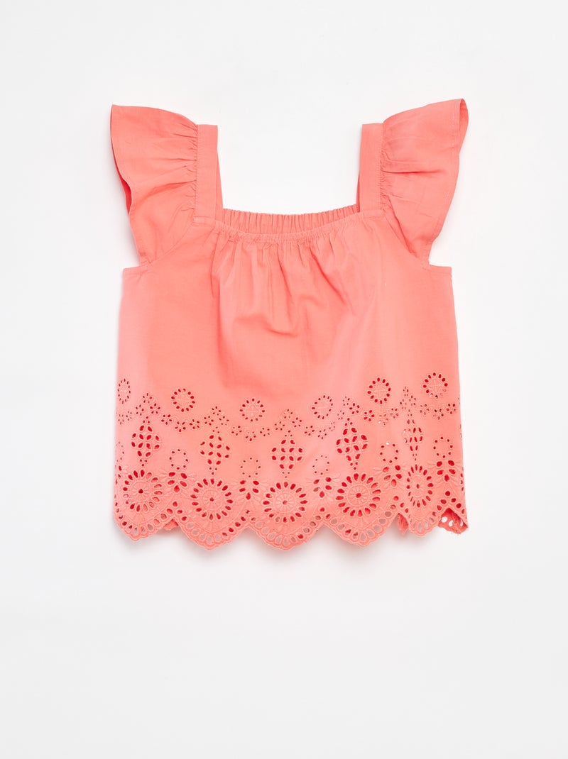 Blusa fruncida con bordado inglés rosa - Kiabi
