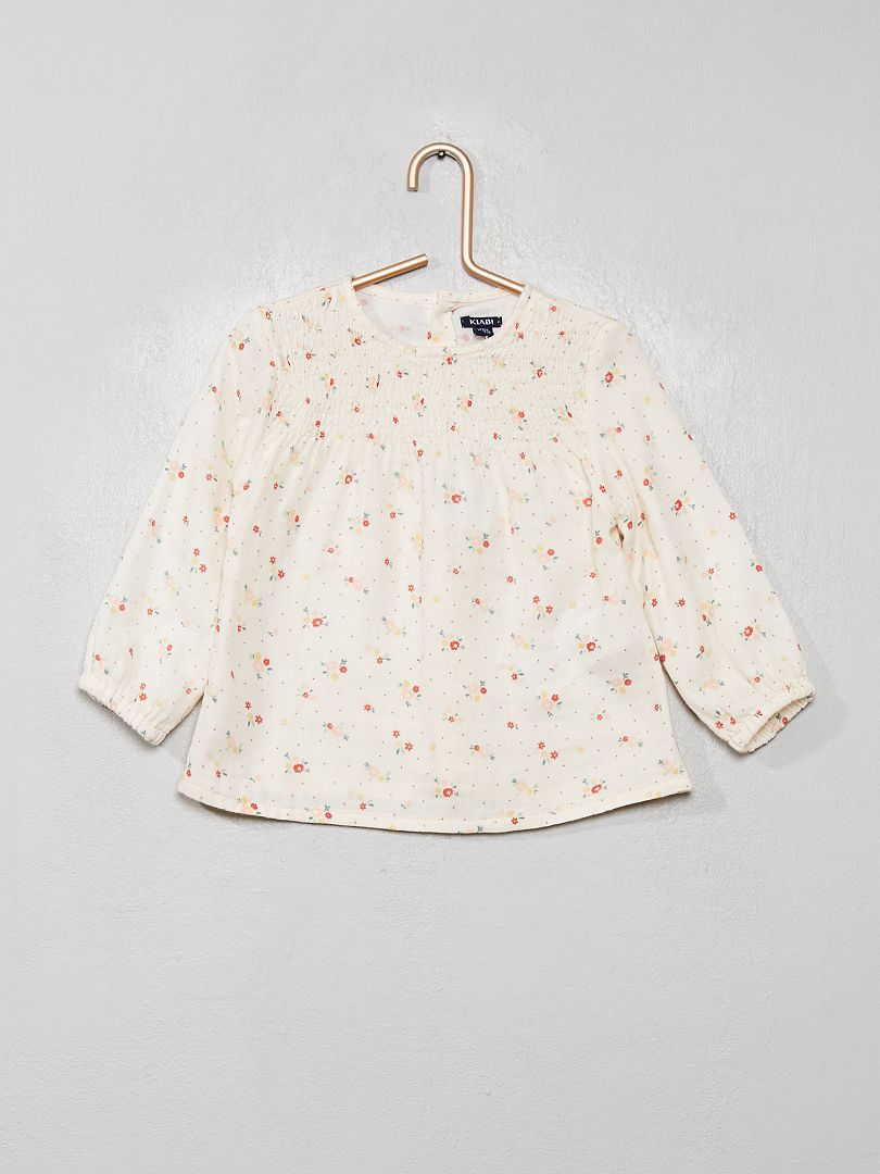 Blusa fruncida de algodón con flores BEIGE - Kiabi