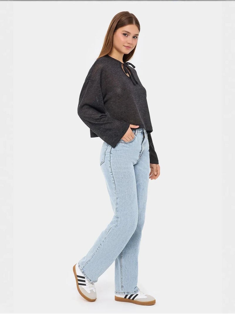 Blusa holgada de punto con cuello redondo y detalle de lazo Gris - Kiabi