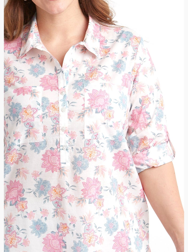 Blusa larga abotonada con estampado floral en algodón - Afibel Rosa - Kiabi