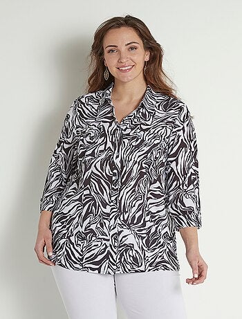 Blusa larga abotonada y manga 3/4 piel animal - Afibel