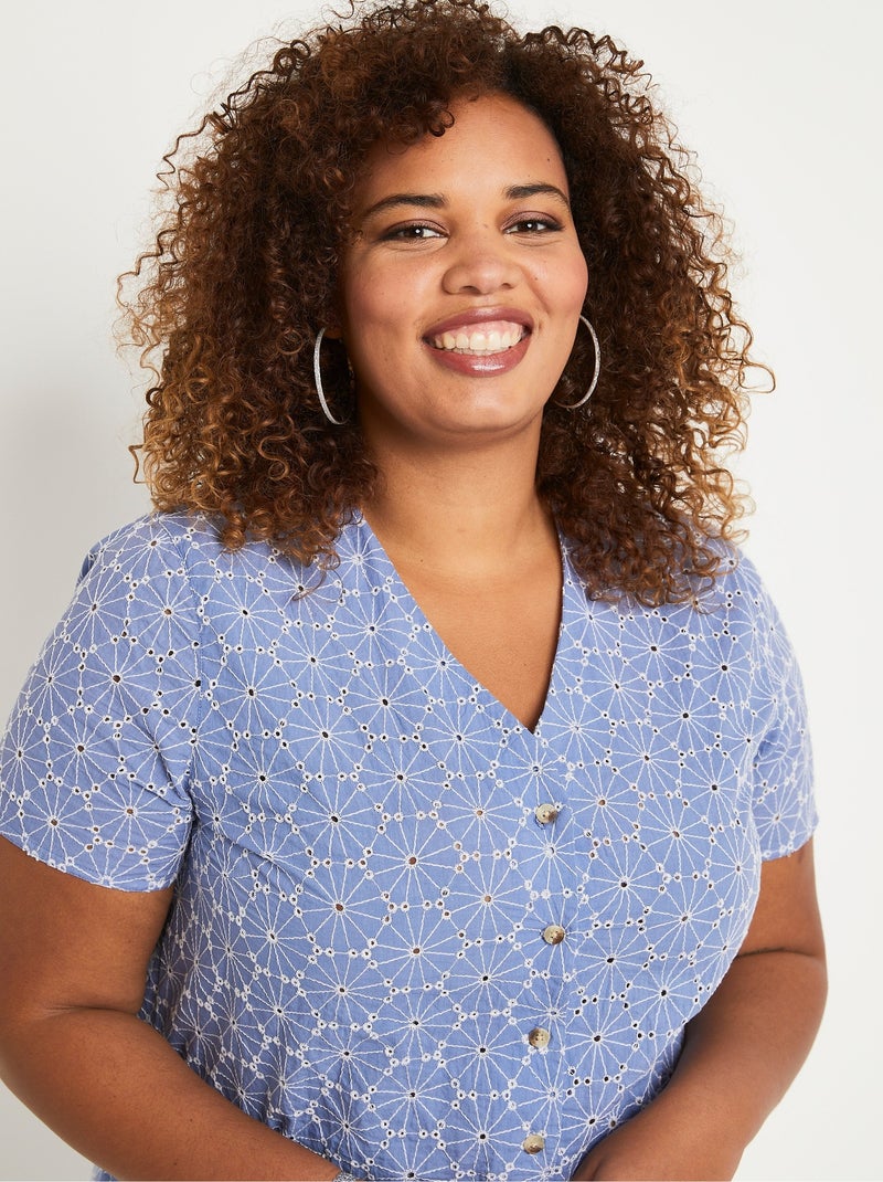 Blusa larga bordada con cuello en V - Afibel Azul - Kiabi