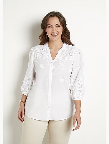 Blusa larga de algodón bordada con manga 3/4 - Afibel