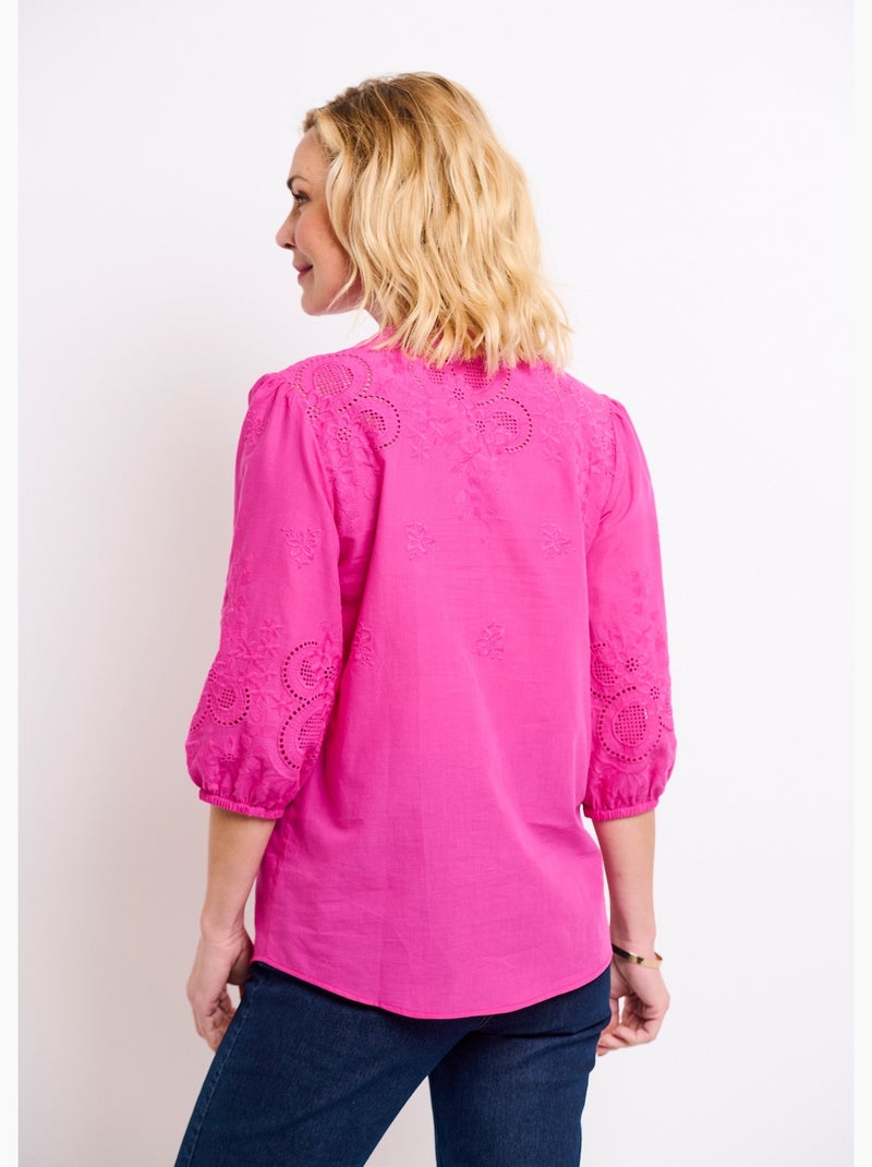 Blusa larga de algodón bordada con manga 3/4 - Afibel Rosa - Kiabi