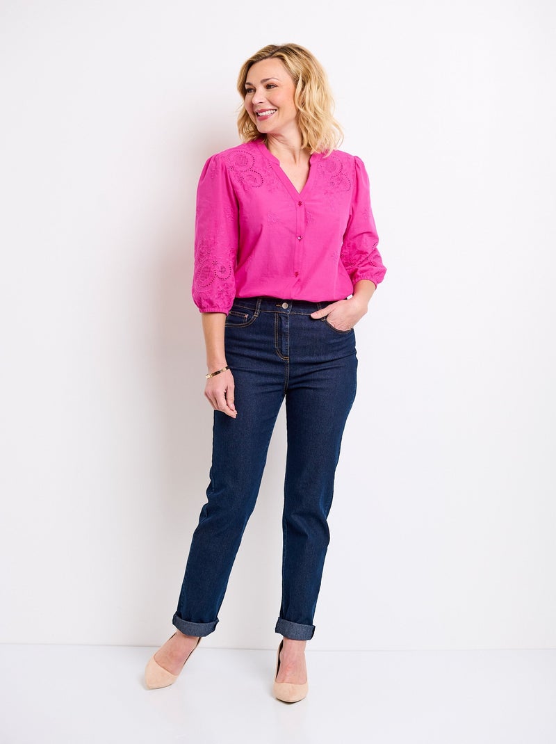 Blusa larga de algodón bordada con manga 3/4 - Afibel Rosa - Kiabi