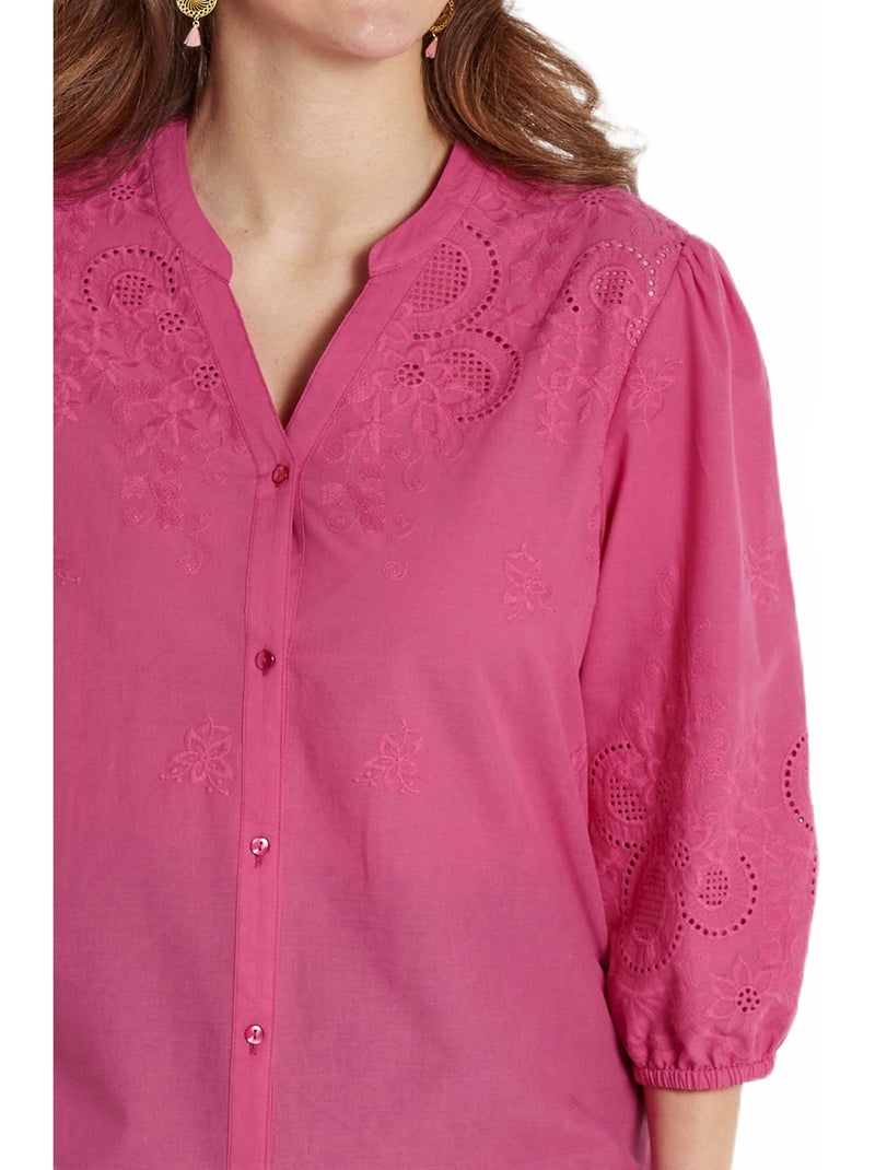 Blusa larga de algodón bordada con manga 3/4 - Afibel Rosa - Kiabi