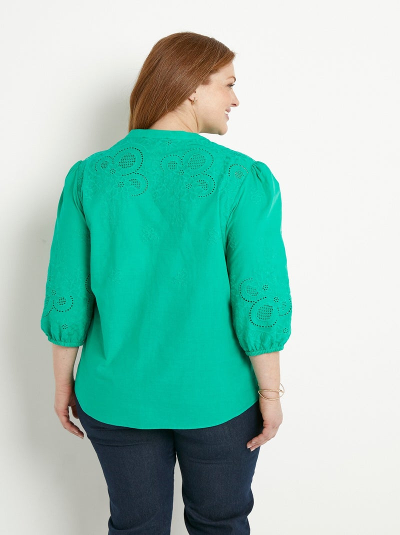 Blusa larga de algodón bordada con manga 3/4 - Afibel Verde - Kiabi