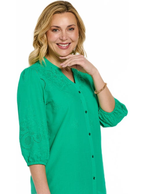 Blusa larga de algodón bordada con manga 3/4 - Afibel - Kiabi