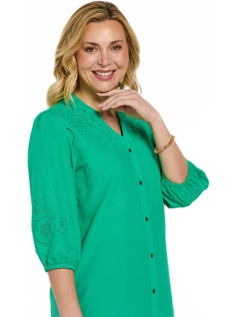 Blusa larga de algodón bordada con manga 3/4 - Afibel Verde - Kiabi