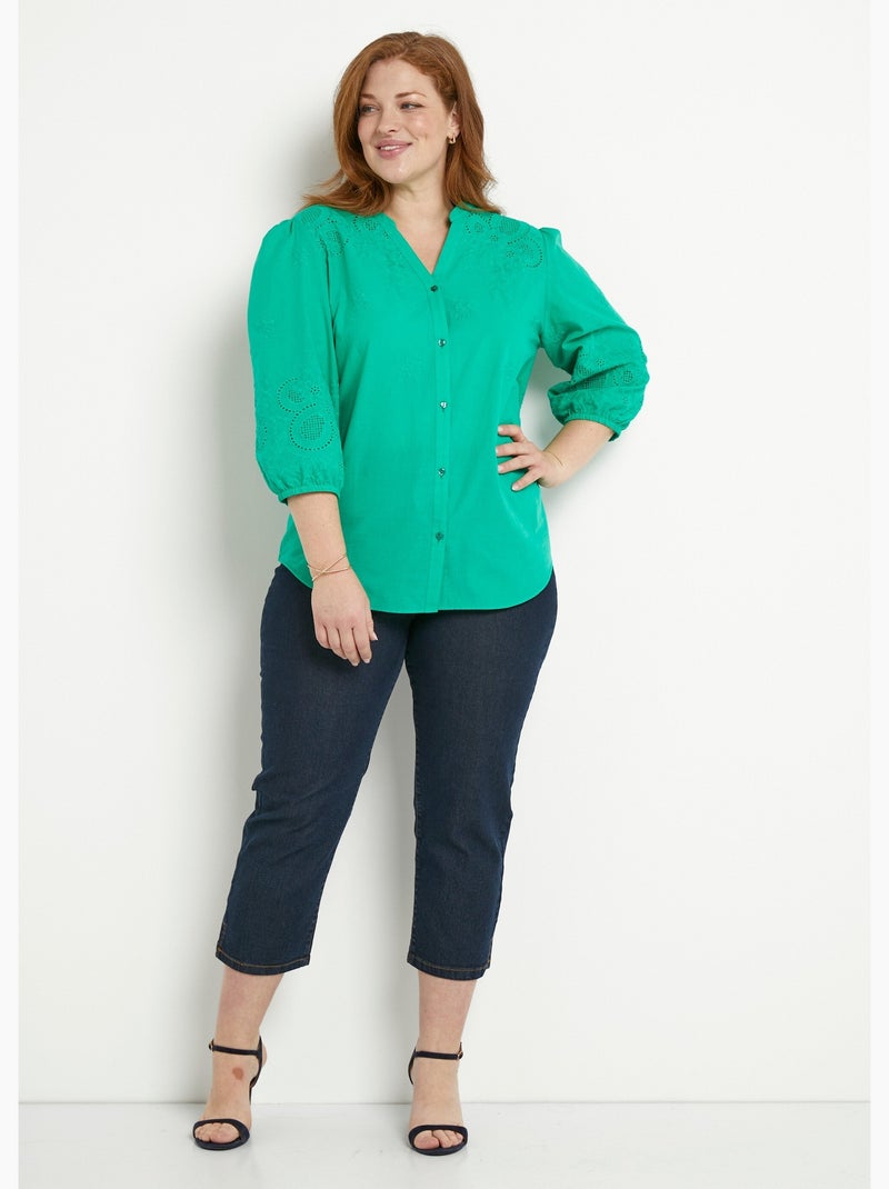 Blusa larga de algodón bordada con manga 3/4 - Afibel Verde - Kiabi