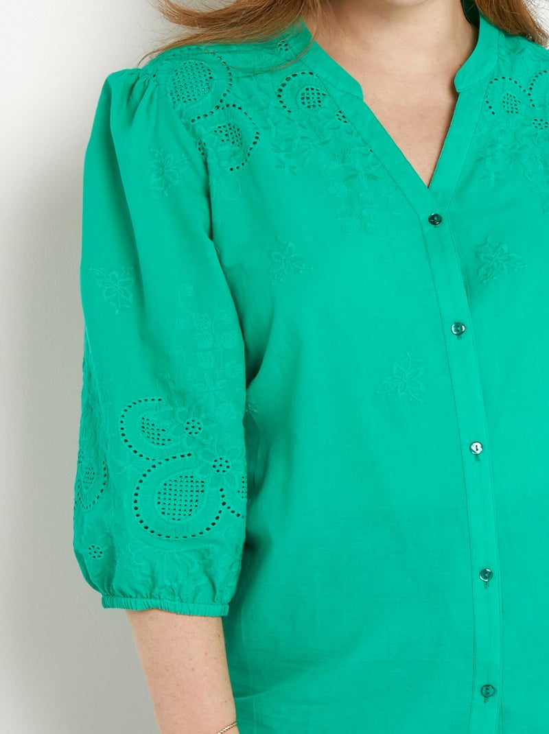 Blusa larga de algodón bordada con manga 3/4 - Afibel Verde - Kiabi