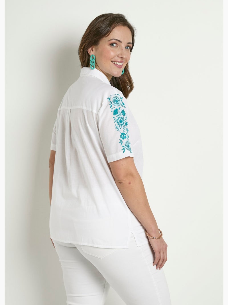 Blusa larga de algodón bordada con mangas cortas - Afibel Azul Blanco - Kiabi