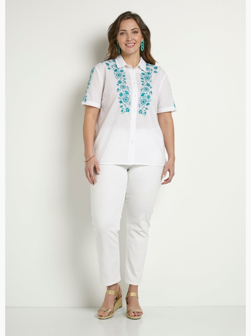 Blusa larga de algodón bordada con mangas cortas - Afibel Azul Blanco - Kiabi
