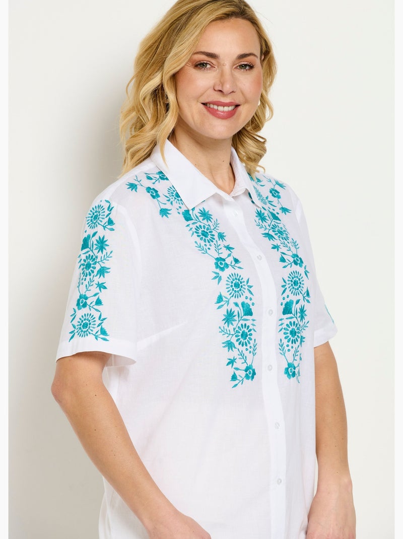 Blusa larga de algodón bordada con mangas cortas - Afibel Azul Blanco - Kiabi