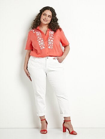 Blusa larga de algodón bordada con mangas cortas - Afibel