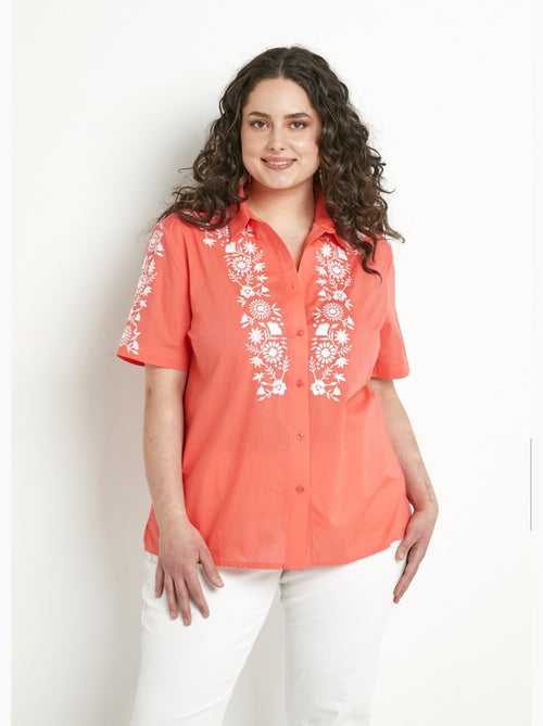 Blusa larga de algodón bordada con mangas cortas - Afibel - Kiabi