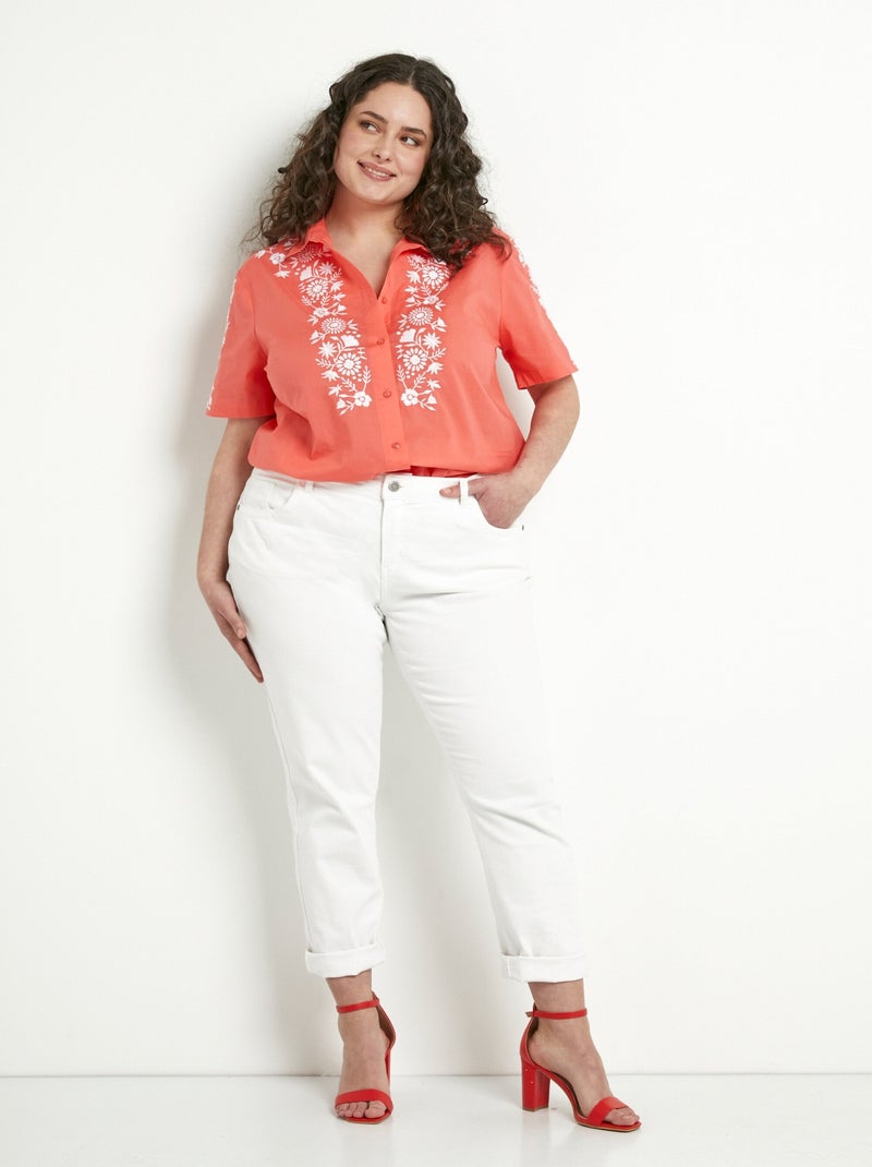 Blusa larga de algodón bordada con mangas cortas - Afibel Coral - Kiabi