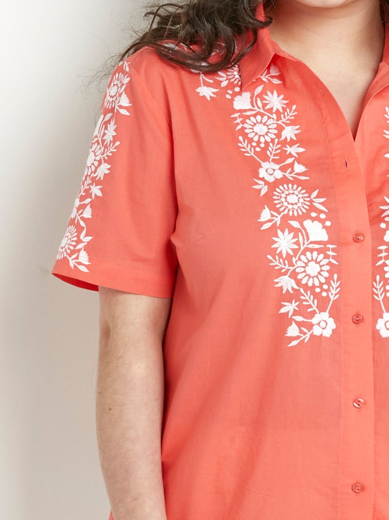 Blusa larga de algodón bordada con mangas cortas - Afibel Coral - Kiabi