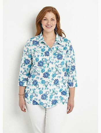 Blusa larga de algodón con botones y estampado floral - Afibel