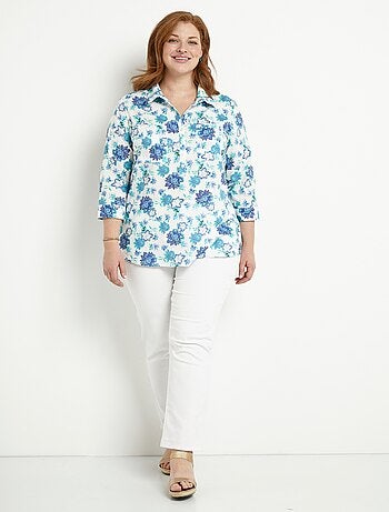 Blusa larga de algodón con botones y estampado floral - Afibel