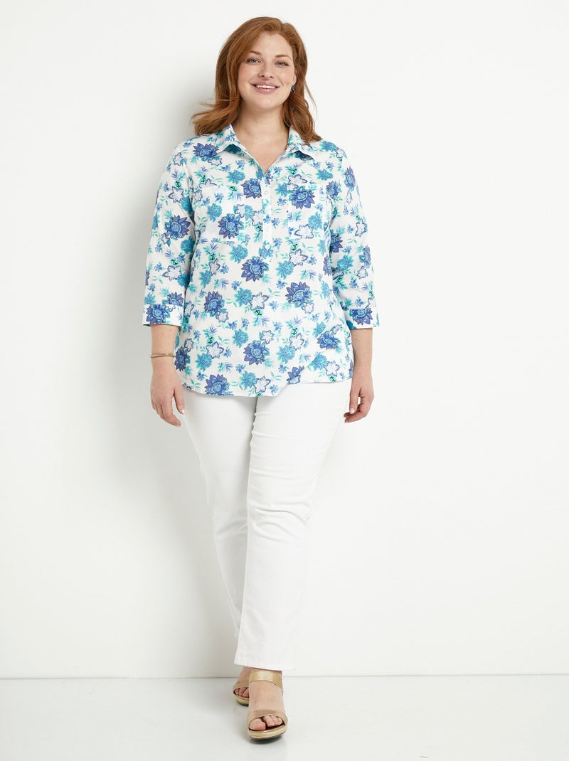Blusa larga de algodón con botones y estampado floral - Afibel Azul - Kiabi