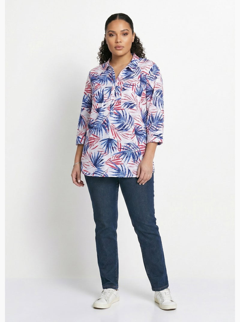 Blusa larga de algodón estampada con botones - Afibel Azul - Kiabi