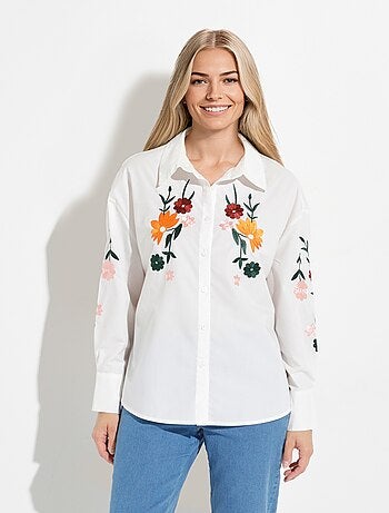 Blusa larga de polialgodón bordada con botones - Afibel