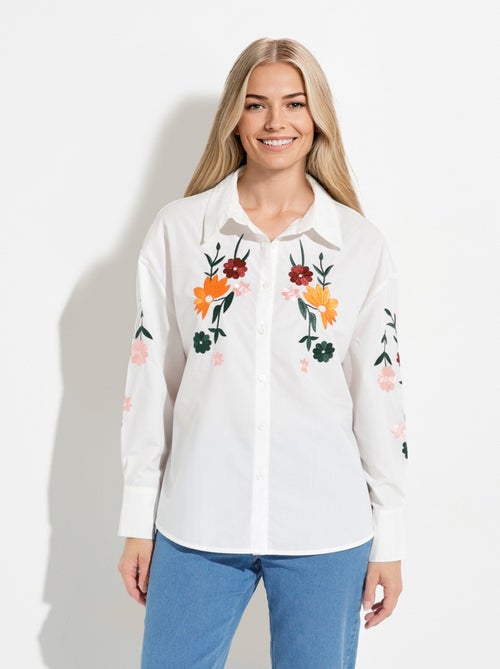 Blusa larga de polialgodón bordada con botones - Afibel - Kiabi