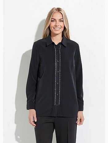 Blusa larga lisa con botones de strass y cuello camisero - Afibel