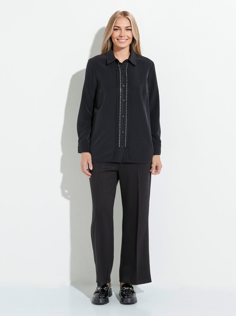 Blusa larga lisa con botones de strass y cuello camisero - Afibel Negro - Kiabi