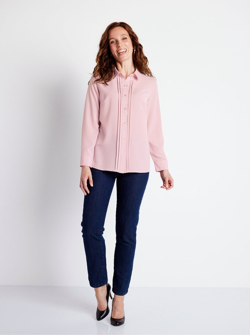 Blusa larga lisa con botones de strass y cuello camisero - Afibel Rosa - Kiabi