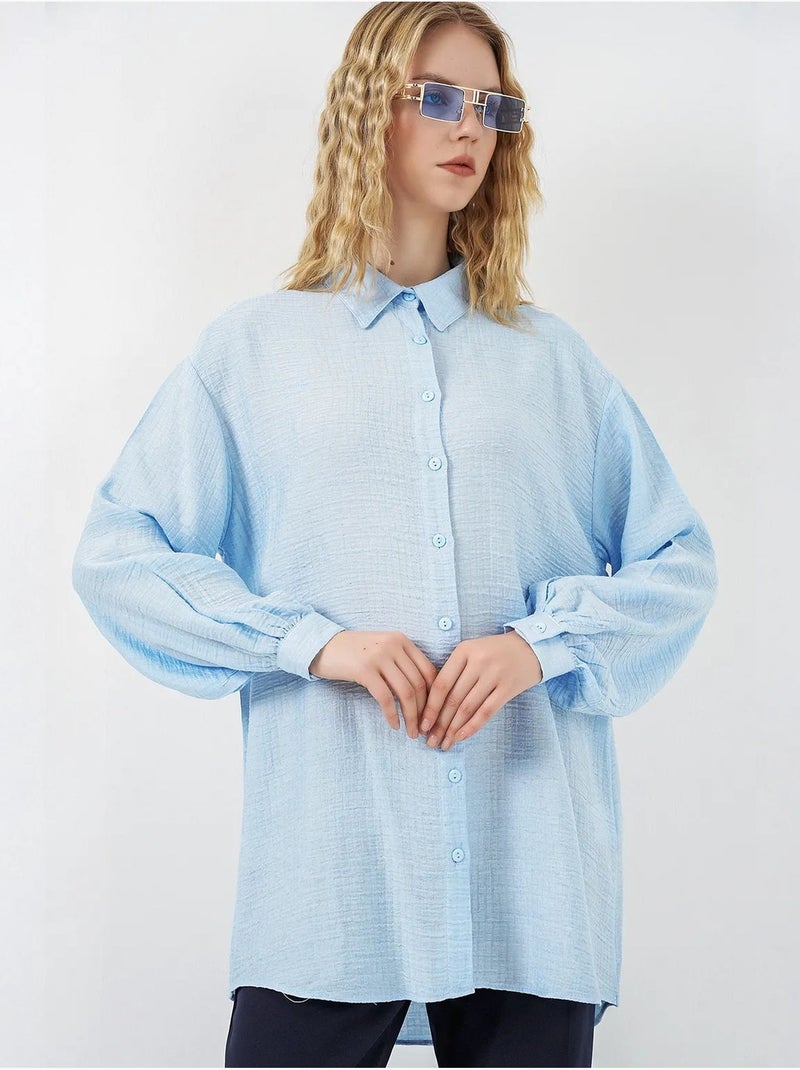 Blusa larga oversize texturizada con cuello de camisa bdart Azul claro - Kiabi