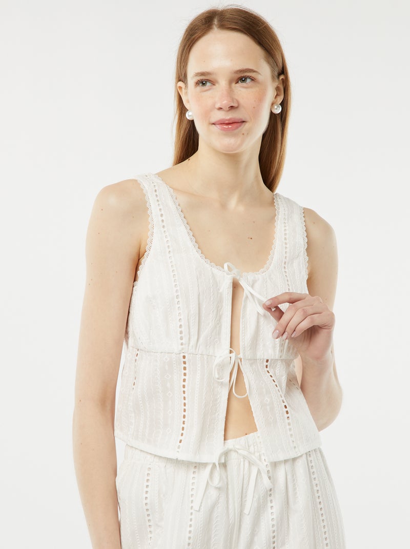 Blusa ligera sin mangas anudable con bordado inglés BLANCO - Kiabi