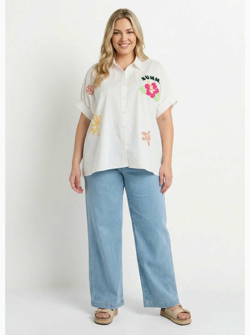 Blusa lisa con bordado de temática veraniega - AFIBEL Blanco - Kiabi