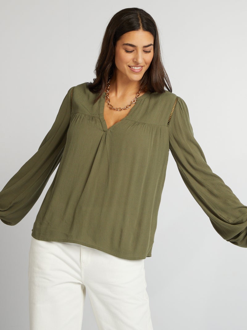 Blusa lisa con cuello de pico KAKI - Kiabi