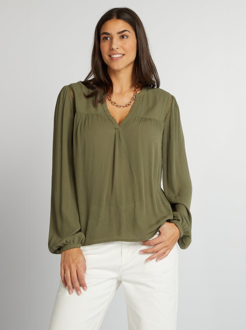 Blusa lisa con cuello de pico KAKI - Kiabi