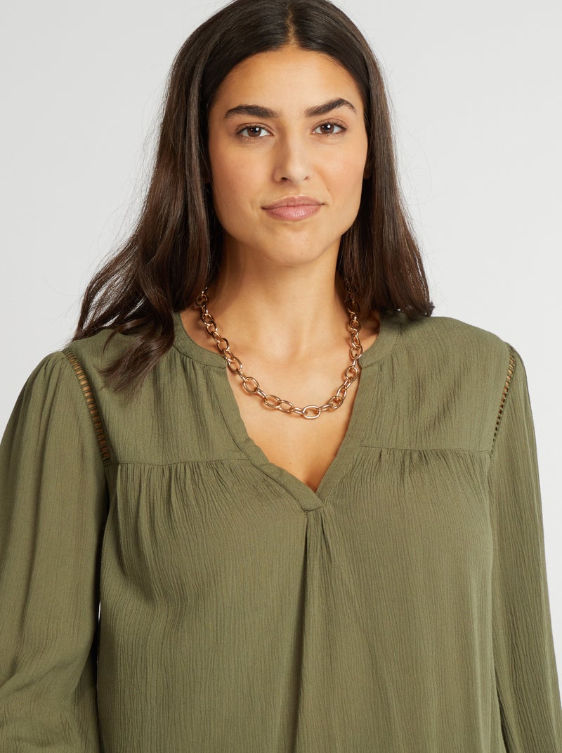 Blusa lisa con cuello de pico KAKI - Kiabi