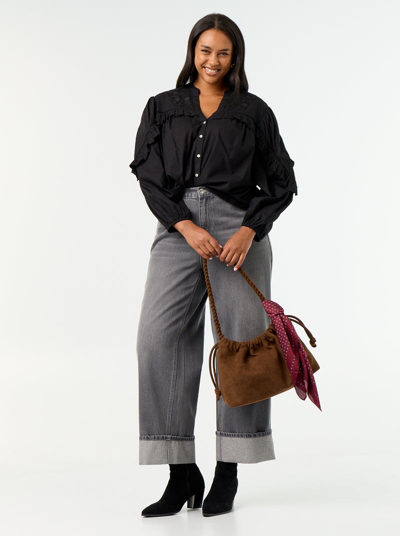 Blusa lisa con volantes Negro - Kiabi