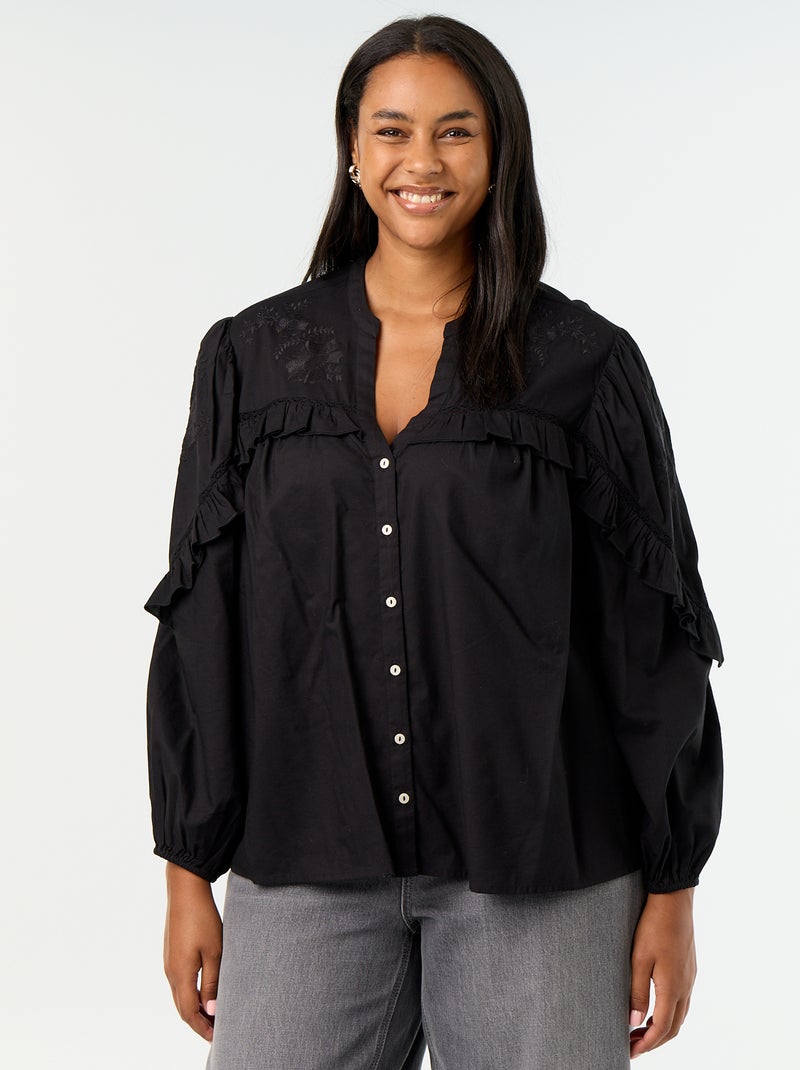 Blusa lisa con volantes Negro - Kiabi
