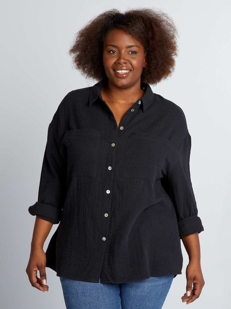 Blusa lisa de gasa de algodón negro - Kiabi