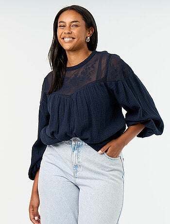 Blusa lisa de gasa de algodón y encaje